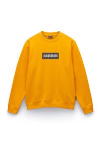 Geel sweatshirt met een ronde hals, ribgebreide manchetten en zoom. Voorzien van een zwart rechthoekig logo aan de voorkant. Glad aanvoelend, casual pasvorm.