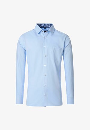 Lichtblauw overhemd met lange mouwen, een subtiel ruitpatroon, een button-down kraag, een zak op de linkerborst en een bloemenprint aan de binnenkant van de kraag.