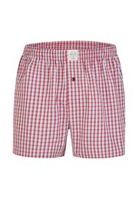 Červené a modré kostkované boxerky s elastickým pasem, s předním zapínáním na knoflík a malou nášivkou na pasu.