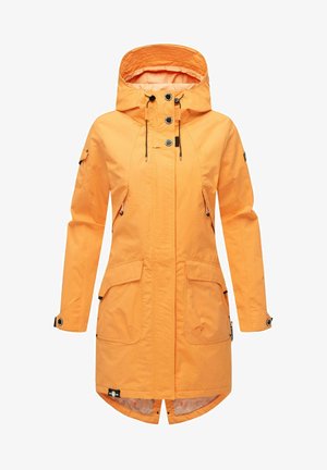 Oranžinė striukė su gobtuvu, priešais užtrauktuku, dviem didelėm kišenėm, šoninėm užtrauktukais ir reguliuojamomis virvelėmis. Yra juodos spalvos metaliniai akcentai.