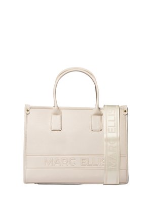 Sac à main rectangulaire couleur crème avec doubles poignées et large bandoulière embossée du logo "MARC ELLIS".