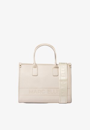 Sac à main rectangulaire couleur crème avec doubles poignées et large bandoulière embossée du logo "MARC ELLIS".