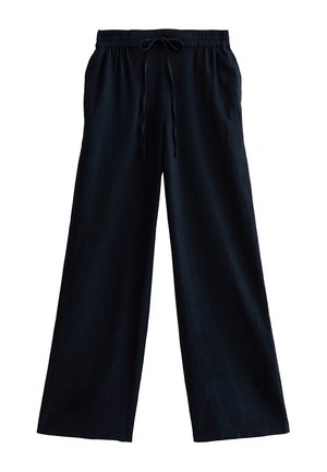 Pantalon noir à jambes larges avec taille élastique et cordon de serrage, fabriqué en tissu léger, présenté sur un fond blanc.
