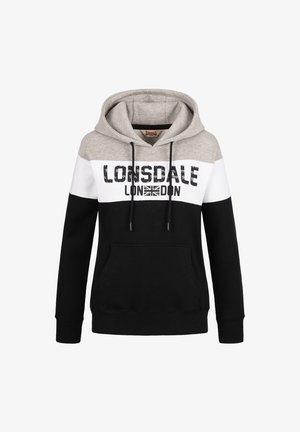 Hallidega sweatshirt hallis, valges ja mustas, millel on suur esine logo "LONSDALE LONDON," sangadega tasku ja soonikotsad.