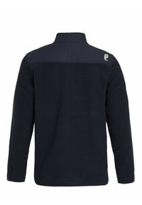 Pullover in pile nero con corpo testurizzato, spalle lisce, colletto alto e dettaglio del logo sulla spalla sinistra. Maniche lunghe incluse.