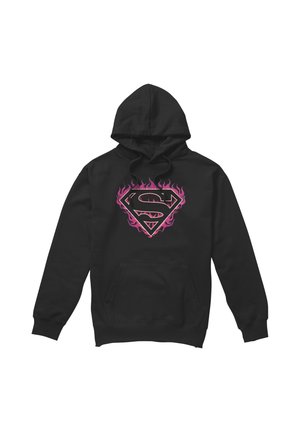 Schwarzer Kapuzenpullover mit einem pinken Flamingo im Superman-Stil auf der Brust und einer Kängurutasche vorne.