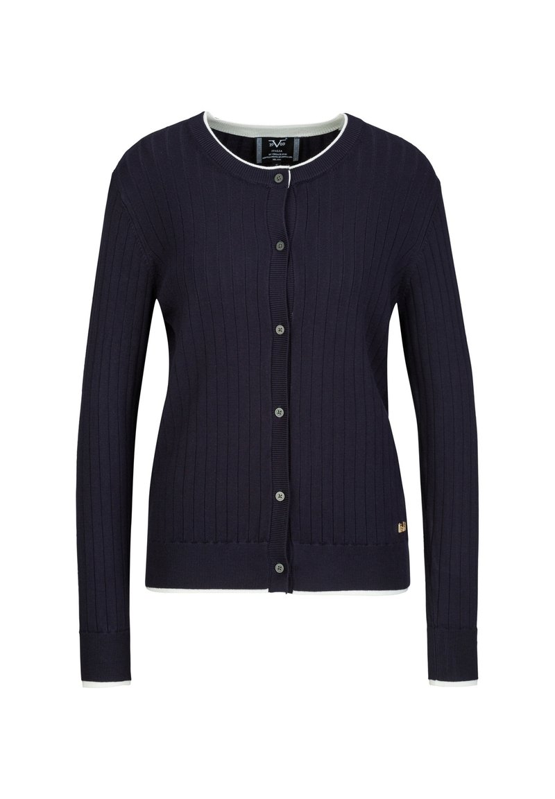 Marineblauer gerippter cardigan mit langen Ärmeln, rundem Ausschnitt und Knopfverschluss. Mit weißen Akzenten am Ausschnitt und an den Manschetten.