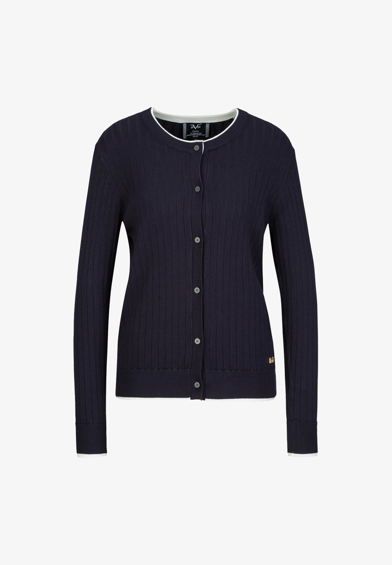 Marineblauer gerippter cardigan mit langen Ärmeln, rundem Ausschnitt und Knopfverschluss. Mit weißen Akzenten am Ausschnitt und an den Manschetten.