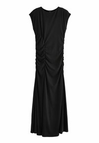 Robe noire jusqu'aux genoux avec des manches courtes et des détails de ruche sur les côtés, dotée d'un col rond et d'un ourlet légèrement évasé.