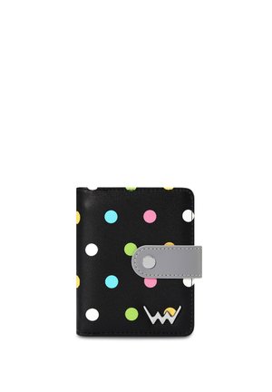 Wallet made of black synthetic material featuring colorful polka dots in pink, blue, yellow, and green, with a gray snap closure and logo.