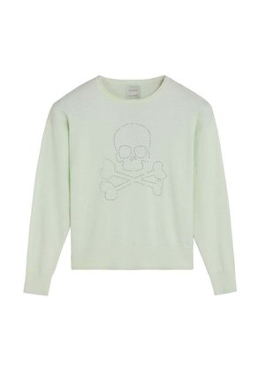 Jersey de manga larga verde claro con un diseño perforado de calavera y huesos cruzados en la parte delantera y cuello redondo.