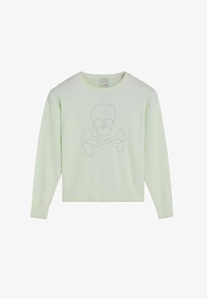 Maglione verde chiaro a maniche lunghe con un disegno traforato di teschio e ossa incrociate sul davanti e una scollatura rotonda.