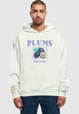 White hoodie featuring a graphic of plums with the text "PLUMS" above and "Sweet & Juicy" below, with a front kangaroo pocket.