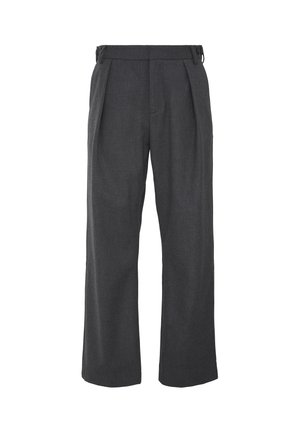 Pantaloni a gamba larga in tessuto grigio scuro, caratterizzati da una texture liscia, una parte anteriore plissettata e cinturini laterali regolabili per una vestibilità ottimale.