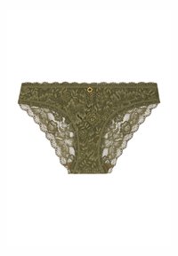 Sous-vêtements de style bikini en dentelle vert olive avec des motifs floraux et un petit détail en anneau doré au centre de la ceinture avant.