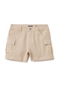 Pantalones cortos cargo beige con un patrón floral cosido en los bolsillos laterales, cierre de botón y doble bolsillo frontal. Fabricados en un material de algodón duradero.