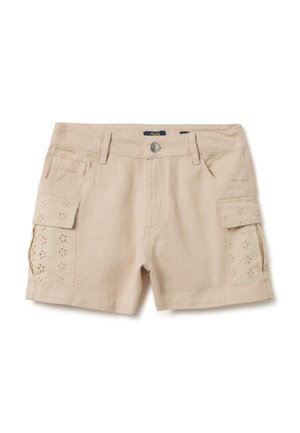 Beige Cargo-Shorts mit gesticktem Blumenmuster auf den Seitentaschen, Knopfverschluss und doppelten Fronttaschen. Hergestellt aus strapazierfähigem Baumwollmaterial.