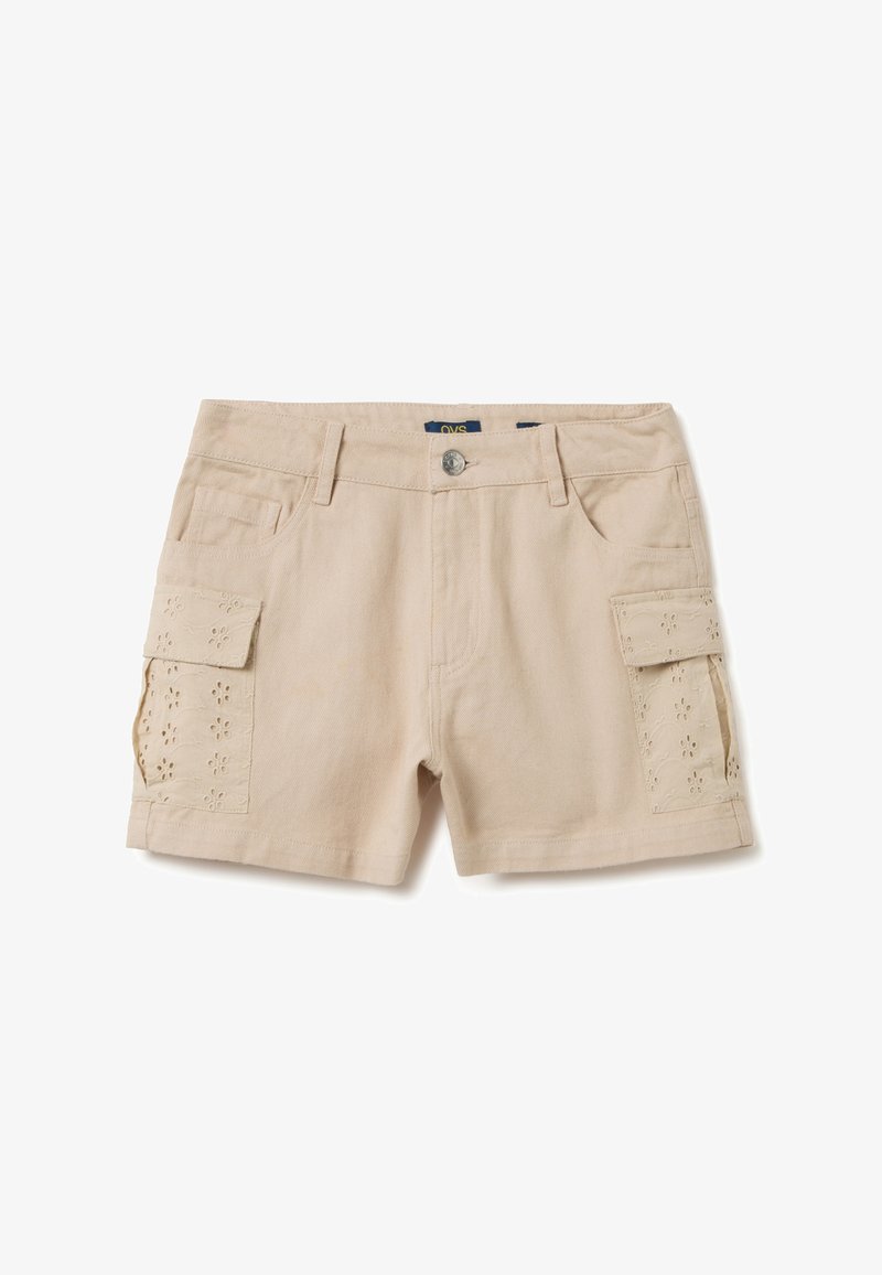 Beige cargoshorts met geborduurd bloemenpatroon op de zijzakken, knoopsluiting en dubbele voorkantzakken. Gemaakt van duurzaam katoen materiaal.