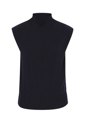 Námornícky modrá bezrukávová roláková blúzka vyrobená z mäkkej látky; klenotová silueta a rebrový lem pre štruktúrovaný vzhľad.