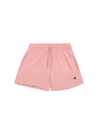 Shorts de sport rose clair avec une taille élastique, un cordon de serrage et des poches latérales. Présente un petit logo noir en bas à gauche.