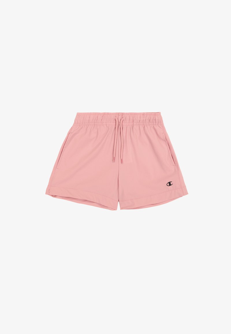Pantalones cortos deportivos de color rosa claro con cintura elástica, cordón y bolsillos laterales. Cuenta con un pequeño logotipo negro en la parte inferior izquierda.