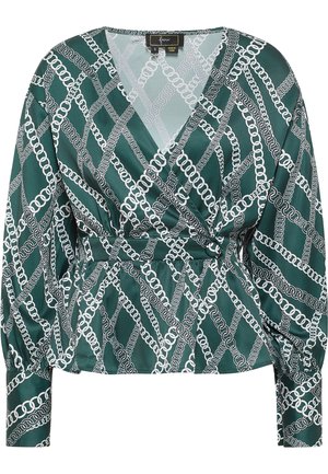 Grüne Satin-Wickelbluse mit weißem Kettenmuster, V-Ausschnitt, langen Ärmeln und tailliertem Schnitt, mit einer glatten, weichen Textur.