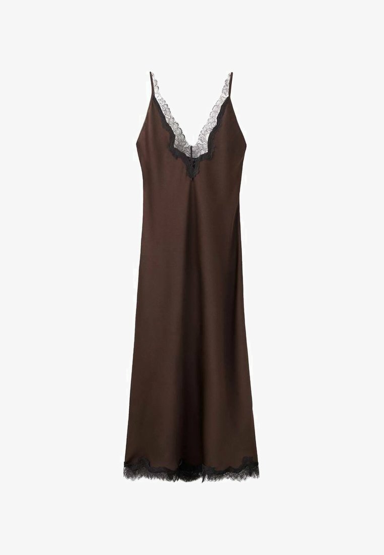 brown slip dress with black lace Lenny Satin Lace Slip Dress