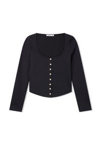 Top nero a maniche lunghe con scollo quadrato, caratterizzato da una fila di bottoni simili a perle sul davanti e un orlo corto. Tessuto morbido e liscio.