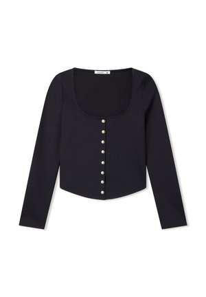 Top nero a maniche lunghe con scollo quadrato, caratterizzato da una fila di bottoni simili a perle sul davanti e un orlo corto. Tessuto morbido e liscio.
