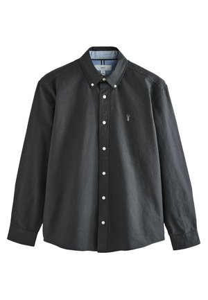 Donkergrijs overhemd met lange mouwen, knoopsluiting, knoopkraag en klein geborduurd mierenlogo op de linkerborst.