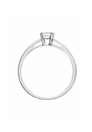 Silberring mit einem zentralen klaren Edelstein, ausgestattet mit einem schlanken Band und zwei seitlichen Akzenten für zusätzliche Designdetails.