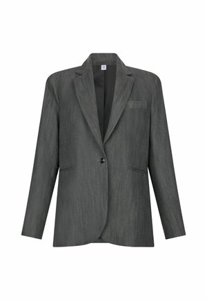 Grijze blazer met een gestructureerde stof, getailleerde pasvorm, geknipte revers, enkele knoopsluiting en twee voorzakken.