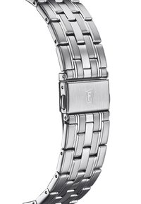 Bracciale in metallo lucidato argento con una chiusura piatta e rettangolare. Presenta un design a maglie intrecciate e una finitura opaca sottile.