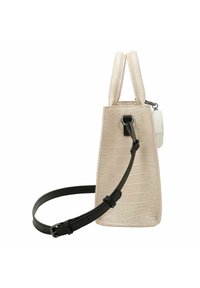 Krokodilgeprägte beige Handtasche mit zwei Griffen, einem abnehmbaren schwarzen Riemen und einer kleinen weißen Akzenttasche. Rechteckige Form.