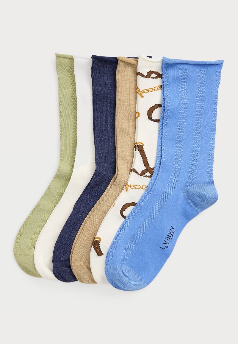 Six pairs of socks in various colors: olive green, cream, navy, tan, printed white with chains, and light blue. Different textures and designs.