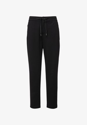 Czarne spodnie dresowe z elastycznym pasem i sznurkiem, wyposażone w zapinane na zamek boczne kieszenie, prosty krój nogawek i luźne dopasowanie.