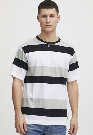 Short-sleeve t-shirt featuring horizontal stripes in black, white, and grey. Cotton material with a relaxed fit and crew neckline.