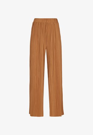 Brūni krokoti bikses ar elastīgu jostasvietu, ar platām kājām un teksturētu audumu, kas uzsver to plūstošo izskatu.