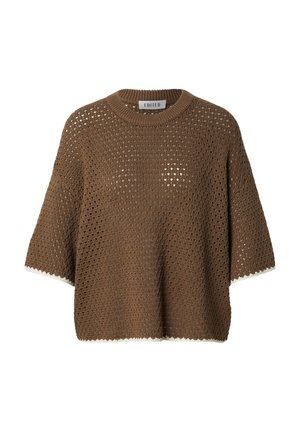 Brown crochet short-sleeve sweater with ribbed round neckline and white trim on sleeves and hem, labeled "EDITED."