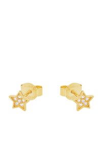 Orecchini a perno in metallo dorato a forma di stelle, con sei gemme trasparenti disposte a grappolo al centro di ciascun design a stella.