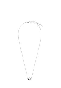 Srebrny naszyjnik z delikatnym łańcuszkiem, z zawieszką w kształcie półksiężyca z małym detalem w postaci gwiazdki. Projekt jest minimalistyczny i elegancki.