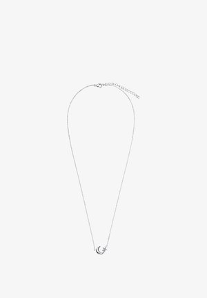 Srebrny naszyjnik z delikatnym łańcuszkiem, z zawieszką w kształcie półksiężyca z małym detalem w postaci gwiazdki. Projekt jest minimalistyczny i elegancki.