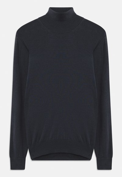 Temno modra pulover z visokim ovratnikom, izdelan iz mehkega pletenega materiala, z dolgimi rokavi ter rebrastim ovratnikom in robom. Preprost, klasičen dizajn.
