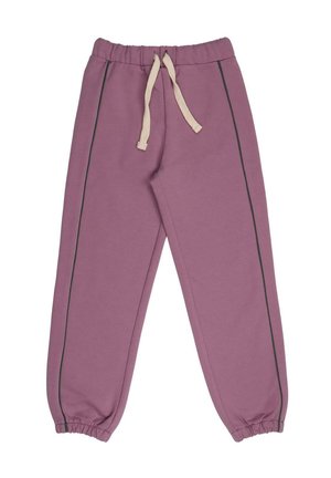 Lila Jogginghose mit elastischem Bund, beigem Kordelzug, schwarzen Seitenstreifen und elastischen Bündchen an den Knöcheln.