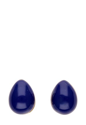 Navy blue, glossy teardrop earrings with a smooth texture and gold accents at the base, featuring a simple and elegant design.