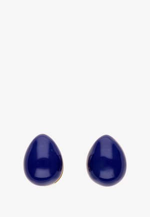 Navy blue, glossy teardrop earrings with a smooth texture and gold accents at the base, featuring a simple and elegant design.