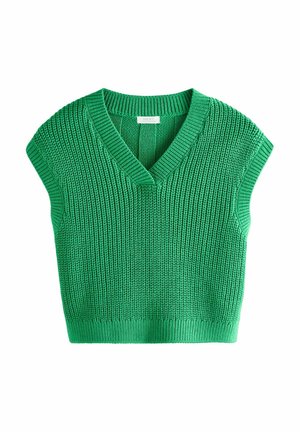 Pull sans manches en tricot vert avec un décolleté en V, présentant un gaufrage texturé et un design uni. Léger et ajusté.