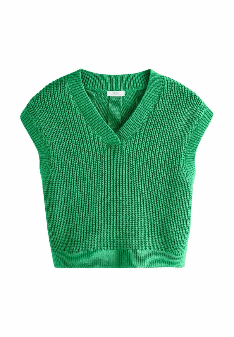 Grüner gestrickter ärmelloser Pullover mit V-Ausschnitt, mit strukturiertem Rippenmuster und einfarbigem Design. Leicht und eng geschnitten.