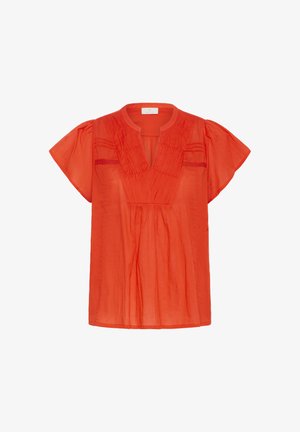 Rote, weit geschnittene Bluse mit kurzen, flatterhaften Ärmeln, einem V-Ausschnitt und Raffungen an der Vorderseite. Hergestellt aus leichtem, durchscheinendem Stoff.