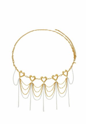 Gold chain necklace with five heart-shaped links, each adorned with hanging gold and silver chains creating a layered drape effect.